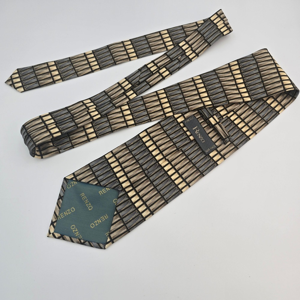 RENZO Men's Geometric Pattern Tie Gold Black Beige Polyester Luxury Neckwear - Picture 3 of 5